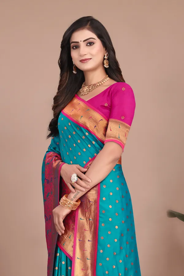 Pure_Silk_Paithani_Saree_with_Rich_Zari_Woven_Border_&_Peacock_Motifs_|_For_Traditional_Wedding_&_Festivals_|_5.5m_Saree_+_0.8m_Blouse_(Teal_Blue)