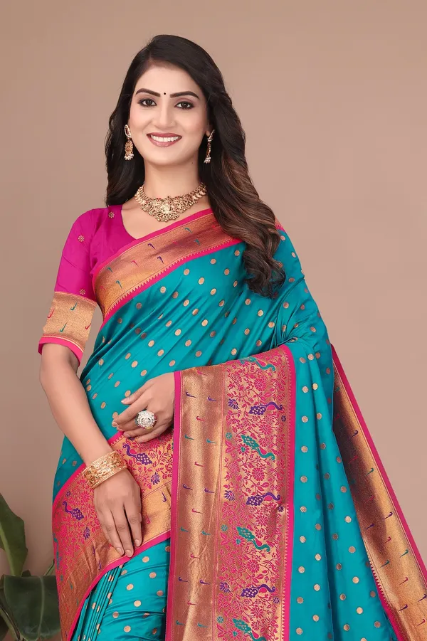 Pure_Silk_Paithani_Saree_with_Rich_Zari_Woven_Border_&_Peacock_Motifs_|_For_Traditional_Wedding_&_Festivals_|_5.5m_Saree_+_0.8m_Blouse_(Teal_Blue)