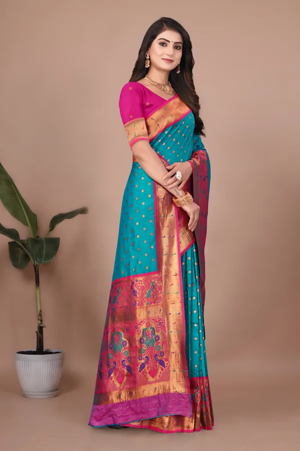 Pure_Silk_Paithani_Saree_with_Rich_Zari_Woven_Border_&_Peacock_Motifs_|_For_Traditional_Wedding_&_Festivals_|_5.5m_Saree_+_0.8m_Blouse_(Teal_Blue)