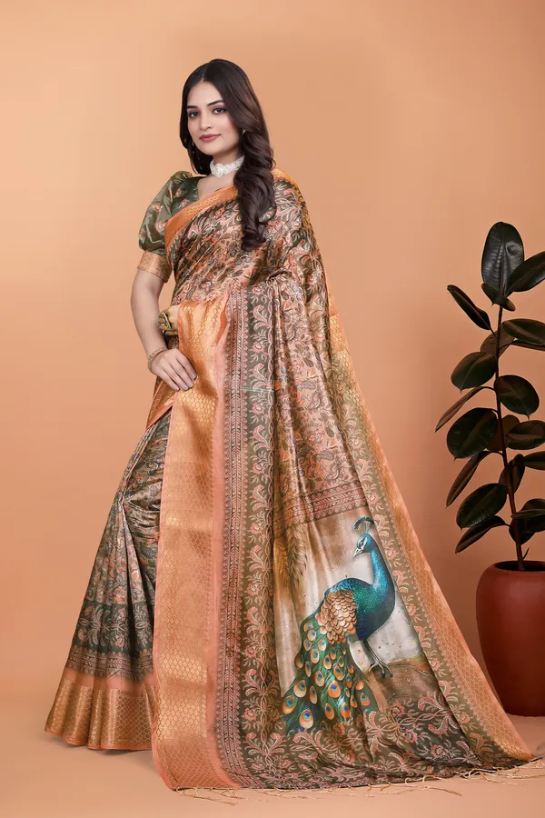 Women's_Elegant_Soft_Silk_Blend_Saree_with_Zari_Border_&_Designer_Printed_Pallu_for_Women_|_For_Traditional,_Festive_&_Wedding_|_5.5m_Saree_+_0.8m_Blouse_(Bronze_&_Olive_Green)