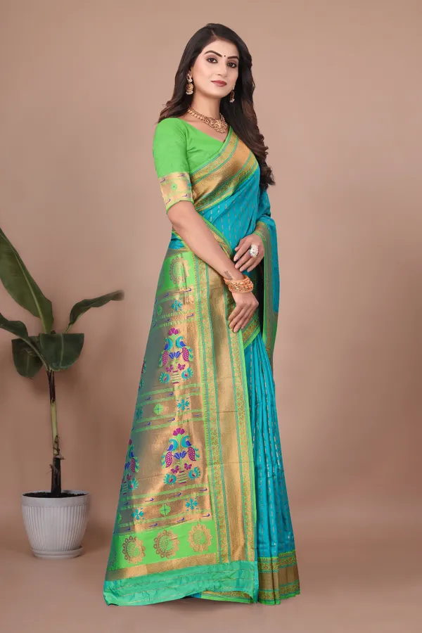Pure_Silk_Paithani_Saree_with_Rich_Zari_Woven_Border_&_Peacock_Motifs_|_For_Traditional_Wedding_&_Festivals_|_5.5m_Saree_+_0.8m_Blouse_(SkyBlue_&_parisGreen)