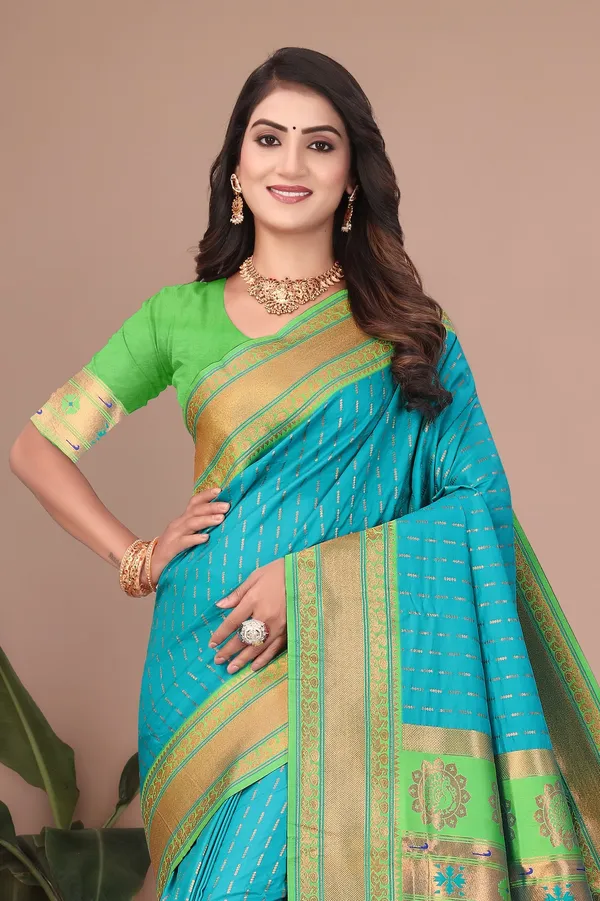 Pure_Silk_Paithani_Saree_with_Rich_Zari_Woven_Border_&_Peacock_Motifs_|_For_Traditional_Wedding_&_Festivals_|_5.5m_Saree_+_0.8m_Blouse_(SkyBlue_&_parisGreen)