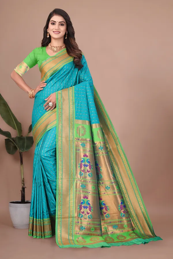 Pure_Silk_Paithani_Saree_with_Rich_Zari_Woven_Border_&_Peacock_Motifs_|_For_Traditional_Wedding_&_Festivals_|_5.5m_Saree_+_0.8m_Blouse_(SkyBlue_&_parisGreen)