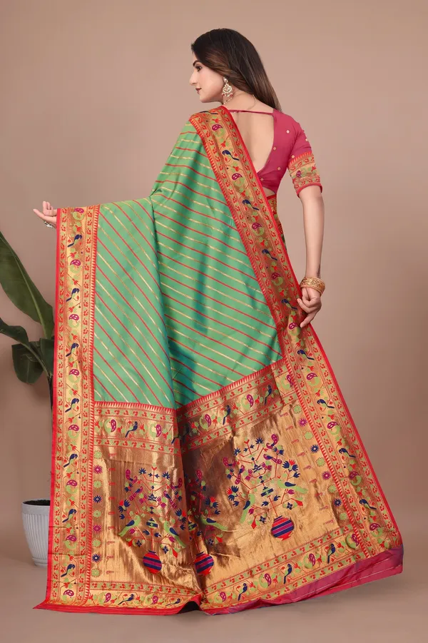 Pure_Silk_Paithani_Saree_with_Rich_Zari_Tree_&_Peacock_Motifs_|_For_Traditional_Wedding_&_Festivals_|_5.5m_Saree_+_0.8m_Blouse_(Light_Green_&_Red)