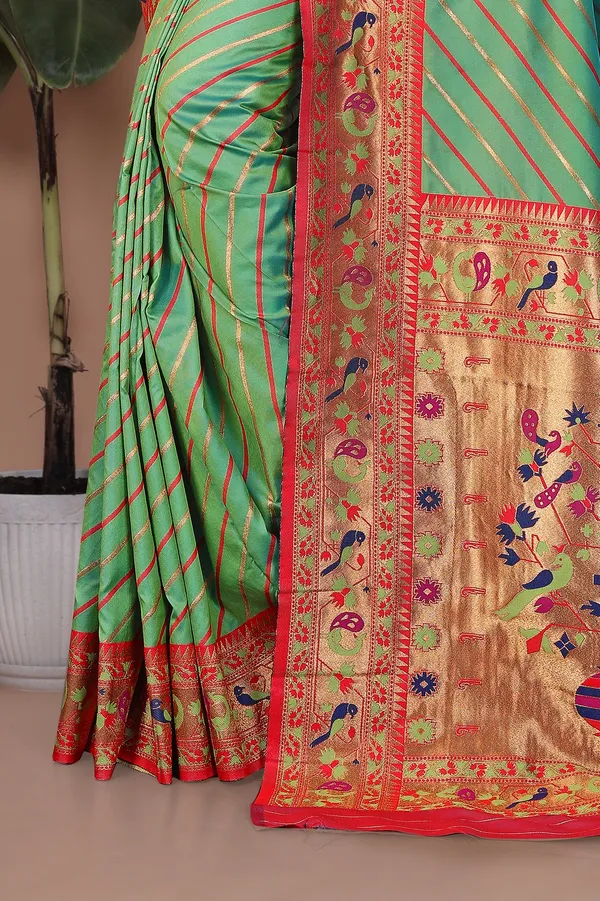 Pure_Silk_Paithani_Saree_with_Rich_Zari_Tree_&_Peacock_Motifs_|_For_Traditional_Wedding_&_Festivals_|_5.5m_Saree_+_0.8m_Blouse_(Light_Green_&_Red)