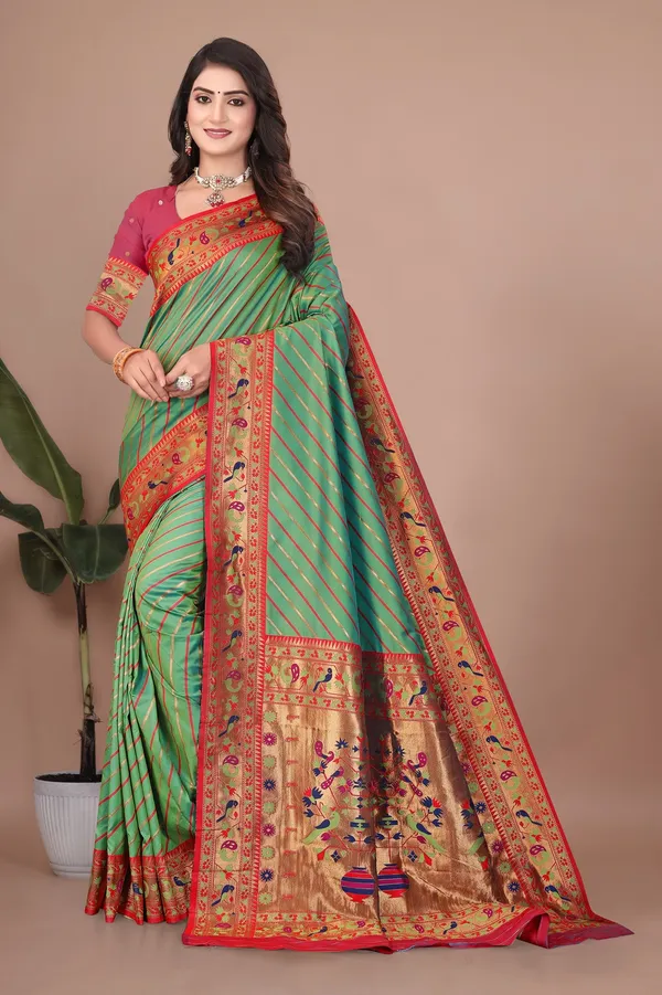 Pure_Silk_Paithani_Saree_with_Rich_Zari_Tree_&_Peacock_Motifs_|_For_Traditional_Wedding_&_Festivals_|_5.5m_Saree_+_0.8m_Blouse_(Light_Green_&_Red)