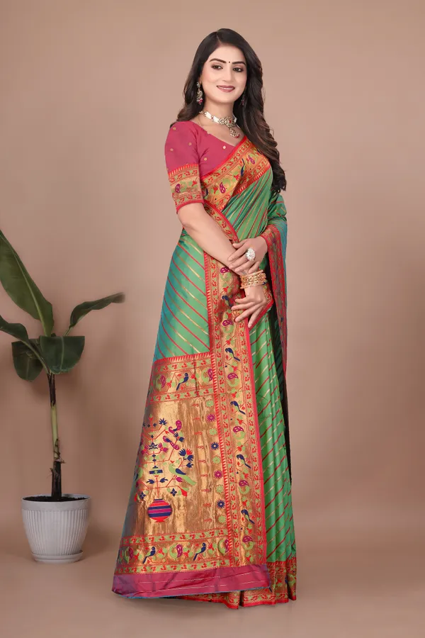 Pure_Silk_Paithani_Saree_with_Rich_Zari_Tree_&_Peacock_Motifs_|_For_Traditional_Wedding_&_Festivals_|_5.5m_Saree_+_0.8m_Blouse_(Light_Green_&_Red)