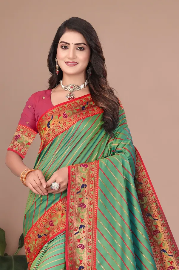 Pure_Silk_Paithani_Saree_with_Rich_Zari_Tree_&_Peacock_Motifs_|_For_Traditional_Wedding_&_Festivals_|_5.5m_Saree_+_0.8m_Blouse_(Light_Green_&_Red)