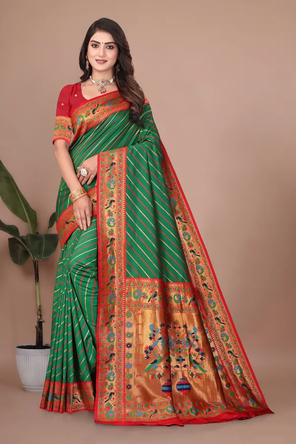 Pure_Silk_Paithani_Saree_with_Rich_Zari_Tree_&_Peacock_Motifs_|_For_Traditional_Wedding_&_Festivals_|_5.5m_Saree_+_0.8m_Blouse_(Dark_Green_&_Red)