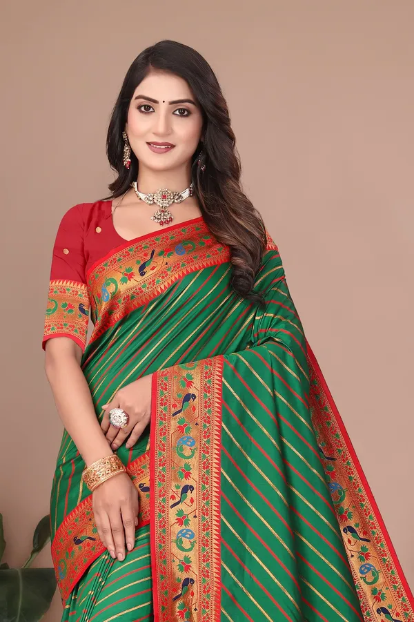 Pure_Silk_Paithani_Saree_with_Rich_Zari_Tree_&_Peacock_Motifs_|_For_Traditional_Wedding_&_Festivals_|_5.5m_Saree_+_0.8m_Blouse_(Dark_Green_&_Red)