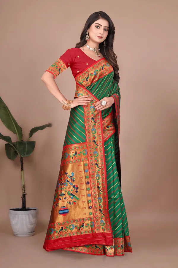 Pure_Silk_Paithani_Saree_with_Rich_Zari_Tree_&_Peacock_Motifs_|_For_Traditional_Wedding_&_Festivals_|_5.5m_Saree_+_0.8m_Blouse_(Dark_Green_&_Red)