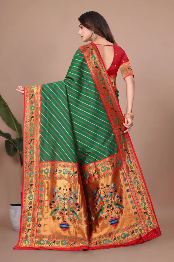 Pure_Silk_Paithani_Saree_with_Rich_Zari_Tree_&_Peacock_Motifs_|_For_Traditional_Wedding_&_Festivals_|_5.5m_Saree_+_0.8m_Blouse_(Dark_Green_&_Red)