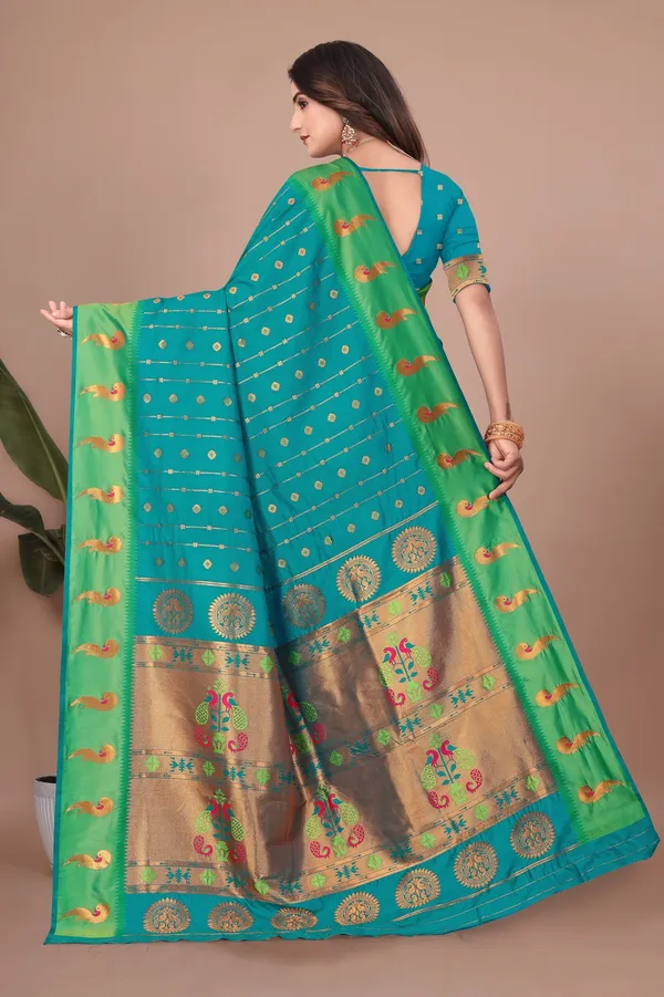 Pure_Silk_Paithani_Saree_with_Rich_Zari_Woven_Border_&_Peacock_Motifs_|_For_Traditional_Wedding_&_Festivals_|_5.5m_Saree_+_0.8m_Blouse_(Teal_Blue_&_Green)