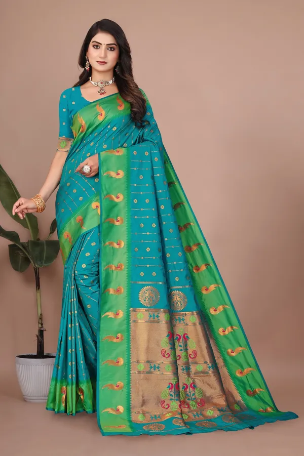 Pure_Silk_Paithani_Saree_with_Rich_Zari_Woven_Border_&_Peacock_Motifs_|_For_Traditional_Wedding_&_Festivals_|_5.5m_Saree_+_0.8m_Blouse_(Teal_Blue_&_Green)