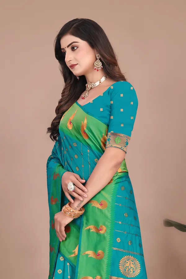 Pure_Silk_Paithani_Saree_with_Rich_Zari_Woven_Border_&_Peacock_Motifs_|_For_Traditional_Wedding_&_Festivals_|_5.5m_Saree_+_0.8m_Blouse_(Teal_Blue_&_Green)