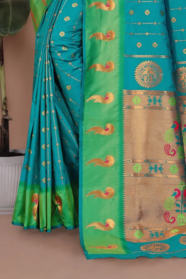 Pure_Silk_Paithani_Saree_with_Rich_Zari_Woven_Border_&_Peacock_Motifs_|_For_Traditional_Wedding_&_Festivals_|_5.5m_Saree_+_0.8m_Blouse_(Teal_Blue_&_Green)