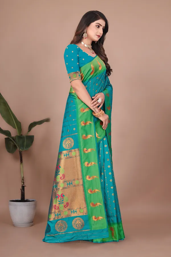 Pure_Silk_Paithani_Saree_with_Rich_Zari_Woven_Border_&_Peacock_Motifs_|_For_Traditional_Wedding_&_Festivals_|_5.5m_Saree_+_0.8m_Blouse_(Teal_Blue_&_Green)