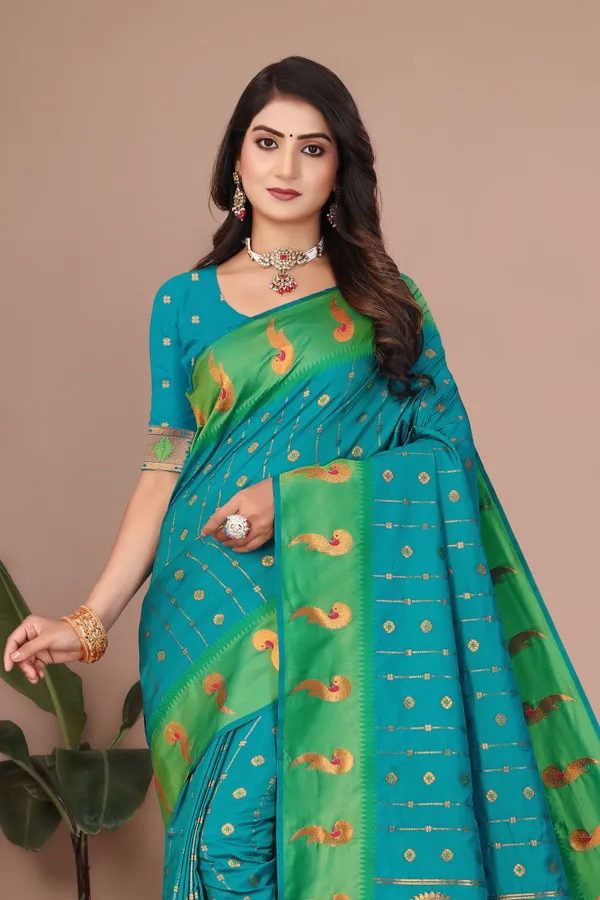 Pure_Silk_Paithani_Saree_with_Rich_Zari_Woven_Border_&_Peacock_Motifs_|_For_Traditional_Wedding_&_Festivals_|_5.5m_Saree_+_0.8m_Blouse_(Teal_Blue_&_Green)
