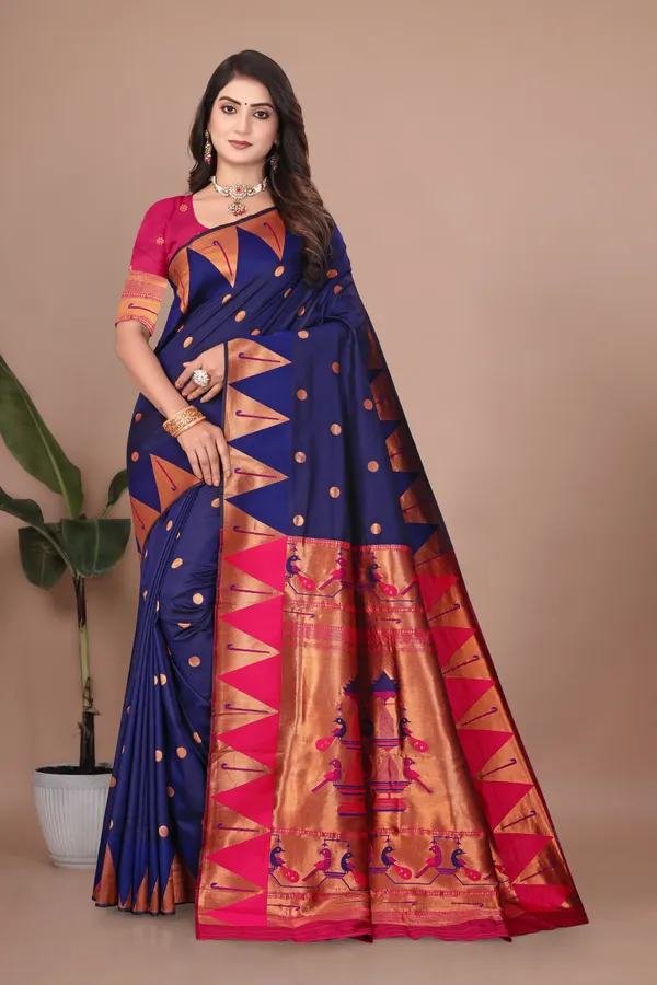 Pure_Silk_Paithani_Saree_with_Rich_Zari_Woven_Border_&_Peacock_Motifs_|_For_Traditional_Wedding_&_Festivals_|_5.5m_Saree_+_0.8m_Blouse_(Navy_Blue_&_Rani_Pink)