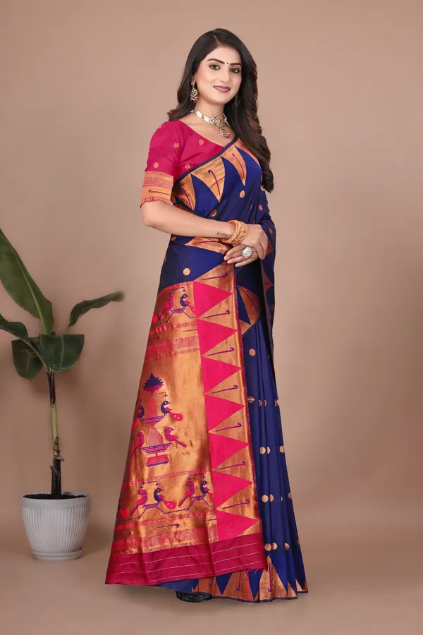Pure_Silk_Paithani_Saree_with_Rich_Zari_Woven_Border_&_Peacock_Motifs_|_For_Traditional_Wedding_&_Festivals_|_5.5m_Saree_+_0.8m_Blouse_(Navy_Blue_&_Rani_Pink)