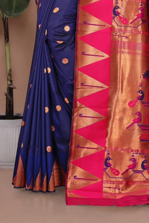 Pure_Silk_Paithani_Saree_with_Rich_Zari_Woven_Border_&_Peacock_Motifs_|_For_Traditional_Wedding_&_Festivals_|_5.5m_Saree_+_0.8m_Blouse_(Navy_Blue_&_Rani_Pink)