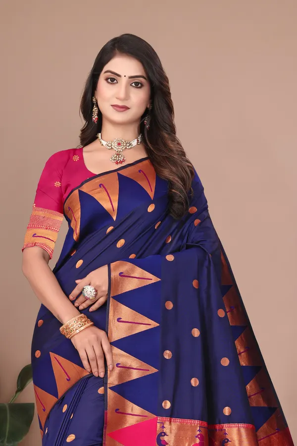 Pure_Silk_Paithani_Saree_with_Rich_Zari_Woven_Border_&_Peacock_Motifs_|_For_Traditional_Wedding_&_Festivals_|_5.5m_Saree_+_0.8m_Blouse_(Navy_Blue_&_Rani_Pink)