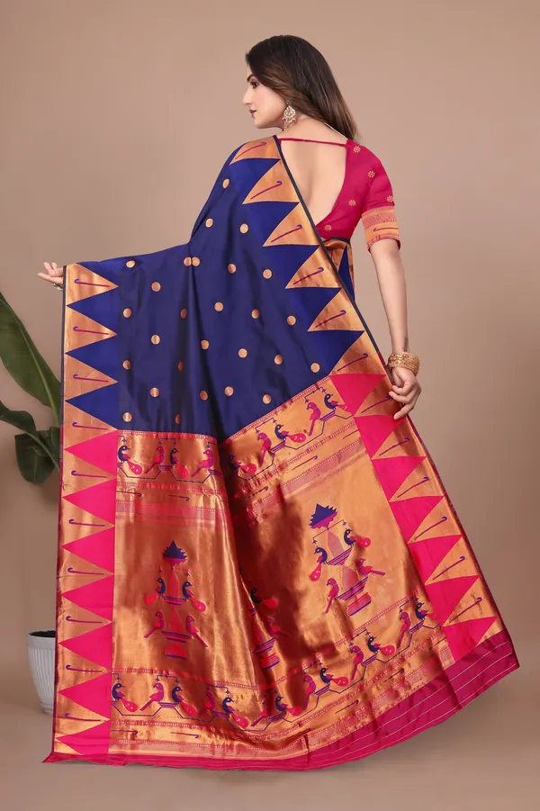 Pure_Silk_Paithani_Saree_with_Rich_Zari_Woven_Border_&_Peacock_Motifs_|_For_Traditional_Wedding_&_Festivals_|_5.5m_Saree_+_0.8m_Blouse_(Navy_Blue_&_Rani_Pink)