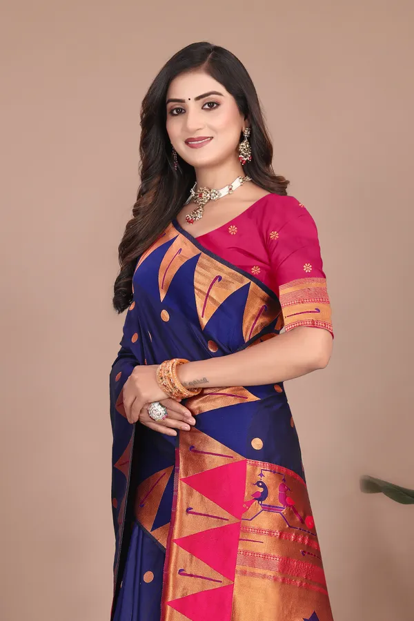 Pure_Silk_Paithani_Saree_with_Rich_Zari_Woven_Border_&_Peacock_Motifs_|_For_Traditional_Wedding_&_Festivals_|_5.5m_Saree_+_0.8m_Blouse_(Navy_Blue_&_Rani_Pink)
