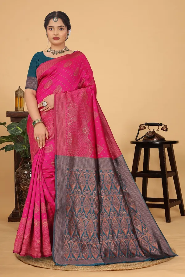 Women's_Banarasi_Silk_Saree_for_Women_|_Traditional_Woven_Saree_with_Contrast_Border_&_Pallu_|_For_Traditional,_Festive_&_Wedding_Saree_with_Blouse_Piece_(Gold_-_Pink_&_Dark_Green)