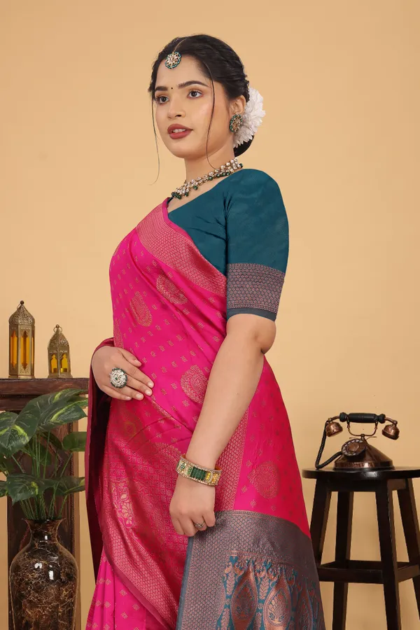 Women's_Banarasi_Silk_Saree_for_Women_|_Traditional_Woven_Saree_with_Contrast_Border_&_Pallu_|_For_Traditional,_Festive_&_Wedding_Saree_with_Blouse_Piece_(Gold_-_Pink_&_Dark_Green)