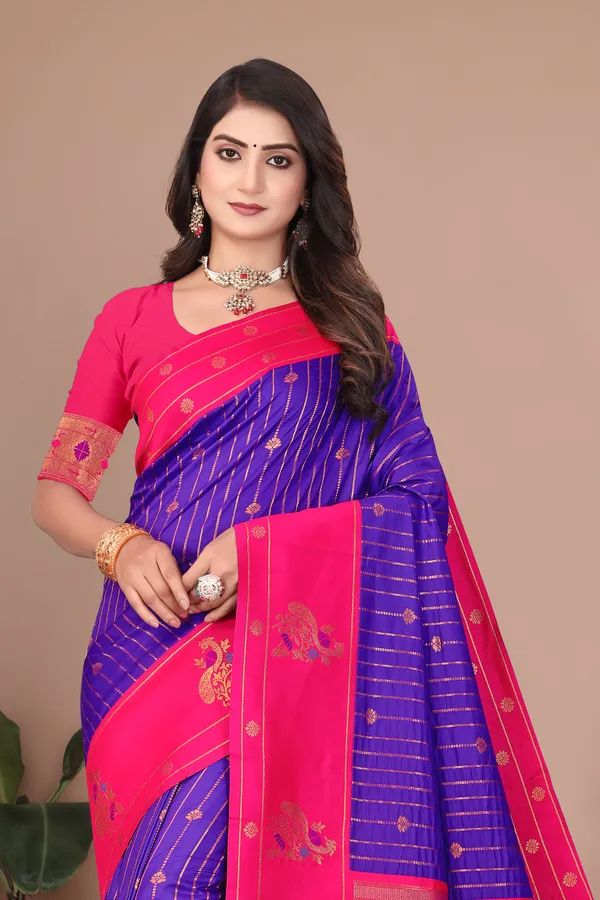 Pure_Silk_Paithani_Saree_with_Rich_Zari_Woven_Border_&_Peacock_Motifs_|_For_Traditional_Wedding_&_Festivals_|_5.5m_Saree_+_0.8m_Blouse_(Violet_Blue_&_Pink)