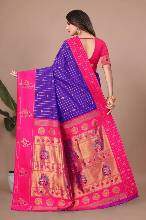 Pure_Silk_Paithani_Saree_with_Rich_Zari_Woven_Border_&_Peacock_Motifs_|_For_Traditional_Wedding_&_Festivals_|_5.5m_Saree_+_0.8m_Blouse_(Violet_Blue_&_Pink)