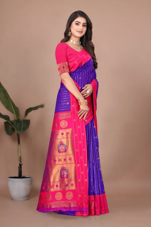 Pure_Silk_Paithani_Saree_with_Rich_Zari_Woven_Border_&_Peacock_Motifs_|_For_Traditional_Wedding_&_Festivals_|_5.5m_Saree_+_0.8m_Blouse_(Violet_Blue_&_Pink)