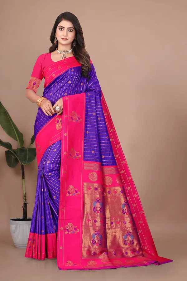 Pure_Silk_Paithani_Saree_with_Rich_Zari_Woven_Border_&_Peacock_Motifs_|_For_Traditional_Wedding_&_Festivals_|_5.5m_Saree_+_0.8m_Blouse_(Violet_Blue_&_Pink)