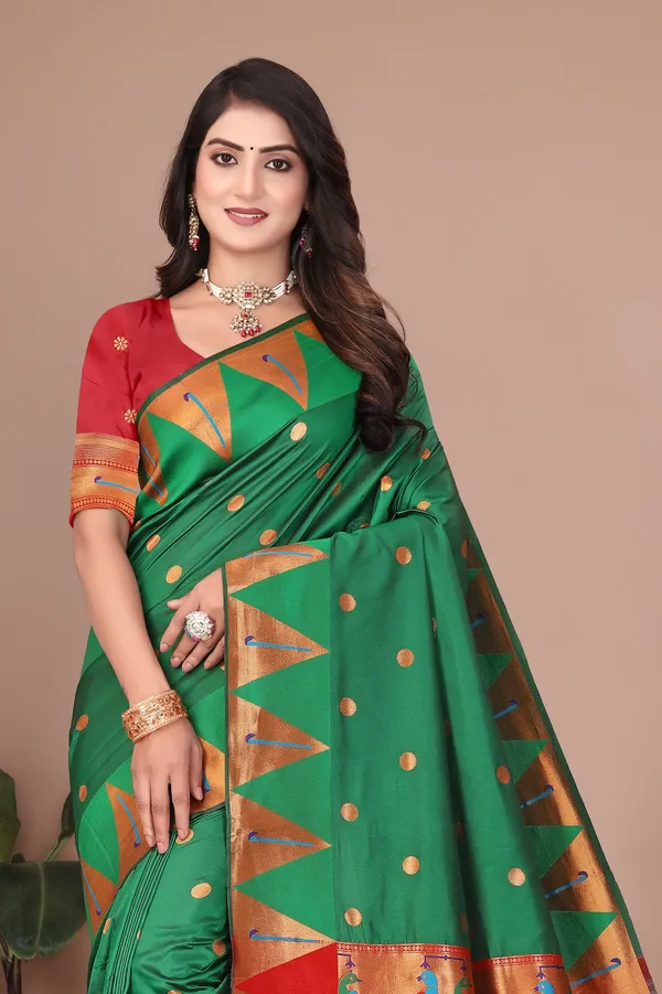 Pure_Silk_Paithani_Saree_with_Rich_Zari_Woven_Border_&_Peacock_Motifs_|_For_Traditional_Wedding_&_Festivals_|_5.5m_Saree_+_0.8m_Blouse_(Leaf_Green_&_Red)
