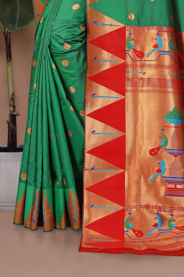 Pure_Silk_Paithani_Saree_with_Rich_Zari_Woven_Border_&_Peacock_Motifs_|_For_Traditional_Wedding_&_Festivals_|_5.5m_Saree_+_0.8m_Blouse_(Leaf_Green_&_Red)