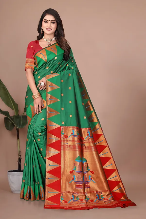 Pure_Silk_Paithani_Saree_with_Rich_Zari_Woven_Border_&_Peacock_Motifs_|_For_Traditional_Wedding_&_Festivals_|_5.5m_Saree_+_0.8m_Blouse_(Leaf_Green_&_Red)