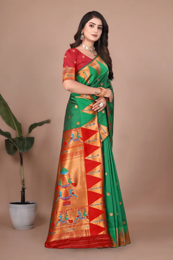 Pure_Silk_Paithani_Saree_with_Rich_Zari_Woven_Border_&_Peacock_Motifs_|_For_Traditional_Wedding_&_Festivals_|_5.5m_Saree_+_0.8m_Blouse_(Leaf_Green_&_Red)