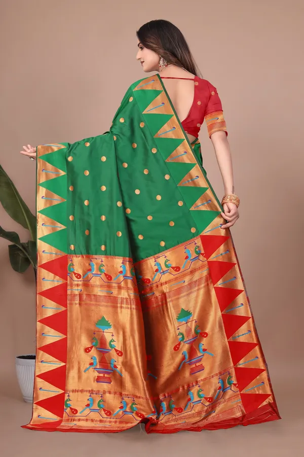 Pure_Silk_Paithani_Saree_with_Rich_Zari_Woven_Border_&_Peacock_Motifs_|_For_Traditional_Wedding_&_Festivals_|_5.5m_Saree_+_0.8m_Blouse_(Leaf_Green_&_Red)