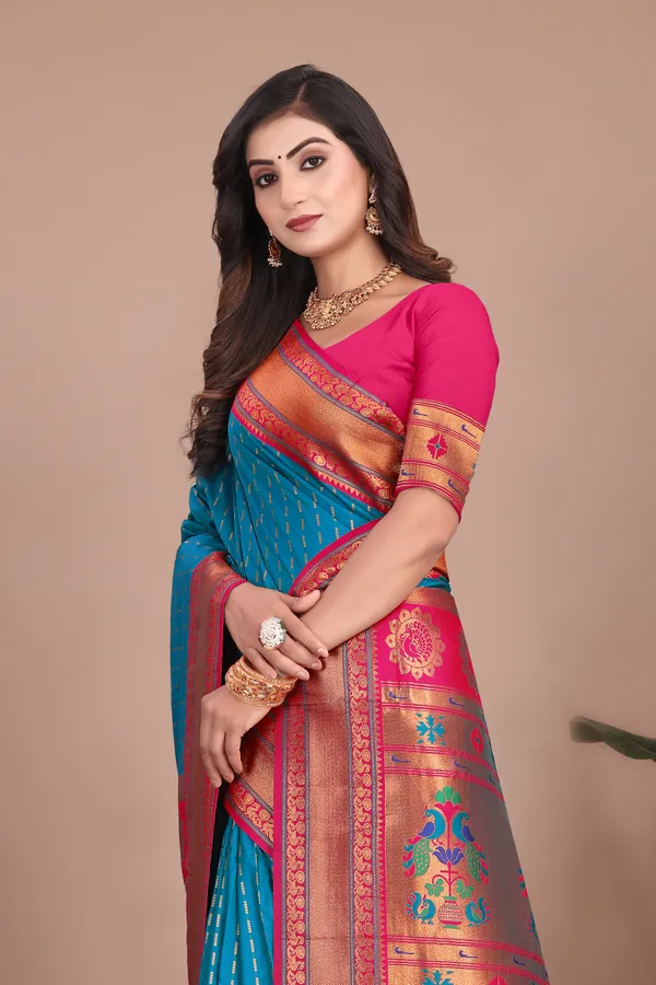 Pure_Silk_Paithani_Saree_with_Rich_Zari_Woven_Border_&_Peacock_Motifs_|_For_Traditional_Wedding_&_Festivals_|_5.5m_Saree_+_0.8m_Blouse_(Peacock_Blue_&_Pink)