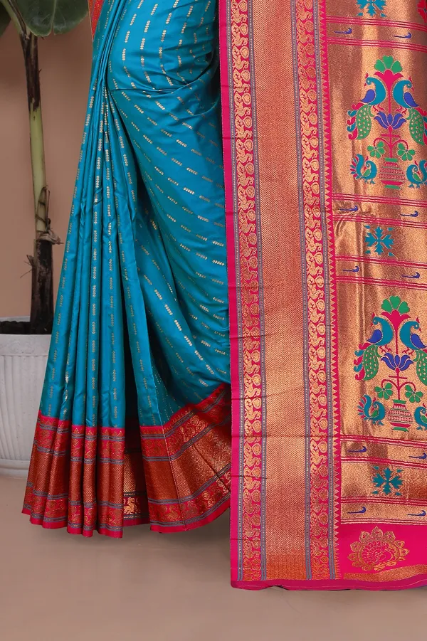 Pure_Silk_Paithani_Saree_with_Rich_Zari_Woven_Border_&_Peacock_Motifs_|_For_Traditional_Wedding_&_Festivals_|_5.5m_Saree_+_0.8m_Blouse_(Peacock_Blue_&_Pink)