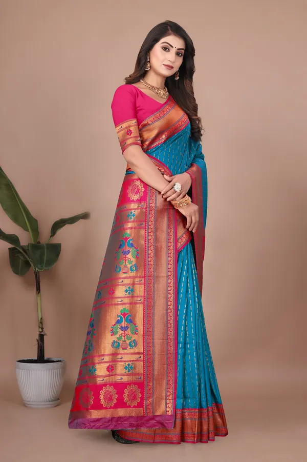 Pure_Silk_Paithani_Saree_with_Rich_Zari_Woven_Border_&_Peacock_Motifs_|_For_Traditional_Wedding_&_Festivals_|_5.5m_Saree_+_0.8m_Blouse_(Peacock_Blue_&_Pink)