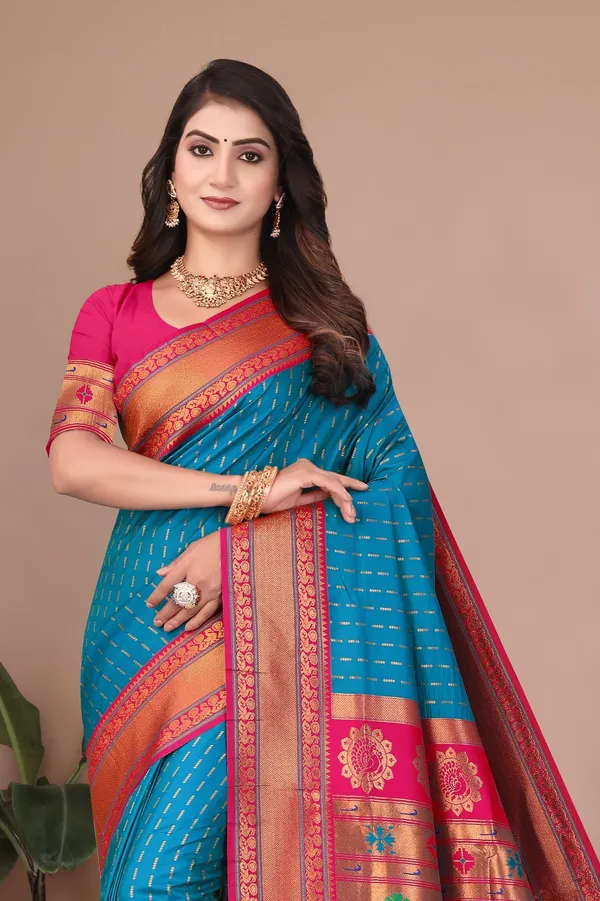 Pure_Silk_Paithani_Saree_with_Rich_Zari_Woven_Border_&_Peacock_Motifs_|_For_Traditional_Wedding_&_Festivals_|_5.5m_Saree_+_0.8m_Blouse_(Peacock_Blue_&_Pink)