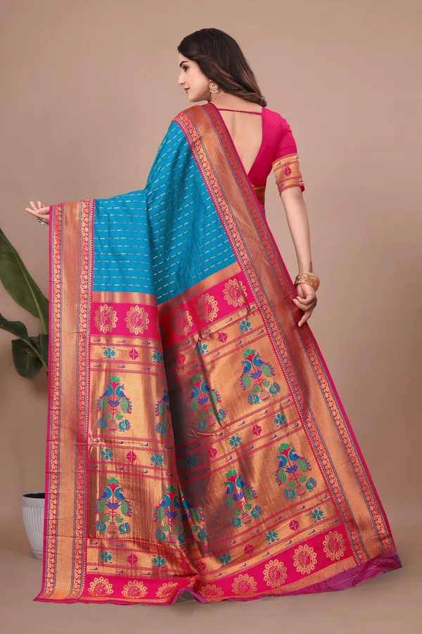 Pure_Silk_Paithani_Saree_with_Rich_Zari_Woven_Border_&_Peacock_Motifs_|_For_Traditional_Wedding_&_Festivals_|_5.5m_Saree_+_0.8m_Blouse_(Peacock_Blue_&_Pink)