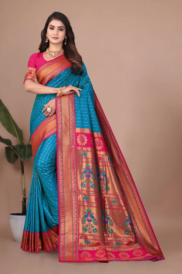 Pure_Silk_Paithani_Saree_with_Rich_Zari_Woven_Border_&_Peacock_Motifs_|_For_Traditional_Wedding_&_Festivals_|_5.5m_Saree_+_0.8m_Blouse_(Peacock_Blue_&_Pink)
