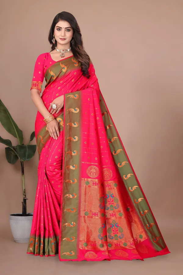 Pure_Silk_Paithani_Saree_with_Rich_Zari_Woven_Border_&_Peacock_Motifs_|_For_Traditional_Wedding_&_Festivals_|_5.5m_Saree_+_0.8m_Blouse_(Rani_Pink_&_Emerald)