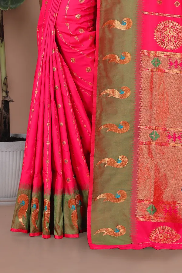 Pure_Silk_Paithani_Saree_with_Rich_Zari_Woven_Border_&_Peacock_Motifs_|_For_Traditional_Wedding_&_Festivals_|_5.5m_Saree_+_0.8m_Blouse_(Rani_Pink_&_Emerald)