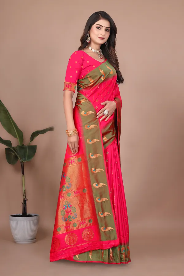 Pure_Silk_Paithani_Saree_with_Rich_Zari_Woven_Border_&_Peacock_Motifs_|_For_Traditional_Wedding_&_Festivals_|_5.5m_Saree_+_0.8m_Blouse_(Rani_Pink_&_Emerald)