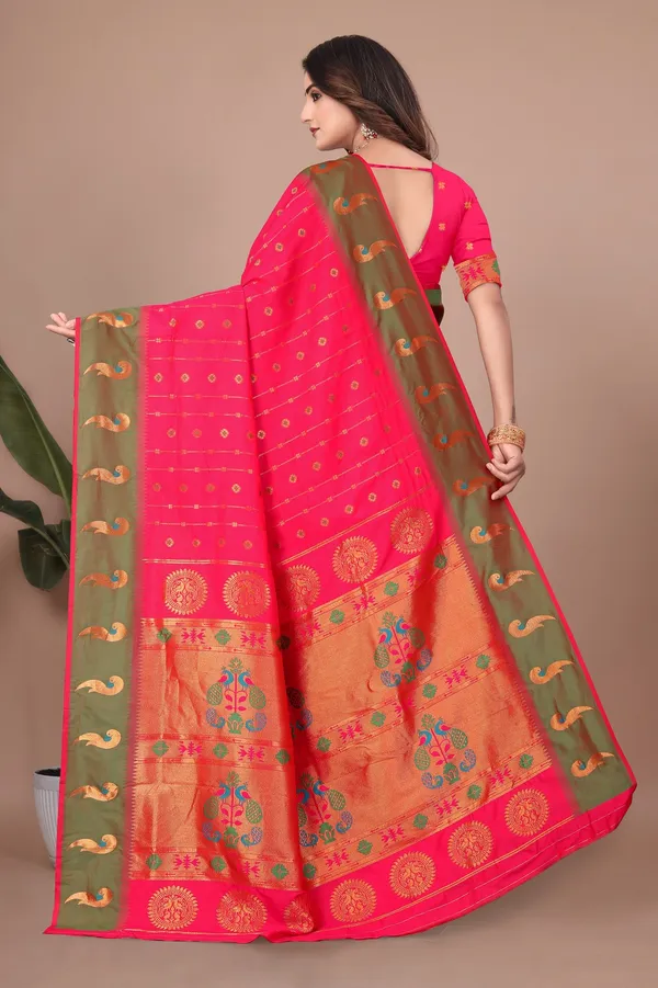 Pure_Silk_Paithani_Saree_with_Rich_Zari_Woven_Border_&_Peacock_Motifs_|_For_Traditional_Wedding_&_Festivals_|_5.5m_Saree_+_0.8m_Blouse_(Rani_Pink_&_Emerald)