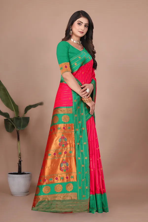 Pure_Silk_Paithani_Saree_with_Rich_Zari_Woven_Border_&_Peacock_Motifs_|_For_Traditional_Wedding_&_Festivals_|_5.5m_Saree_+_0.8m_Blouse_(Pink_&_Mint_Green)